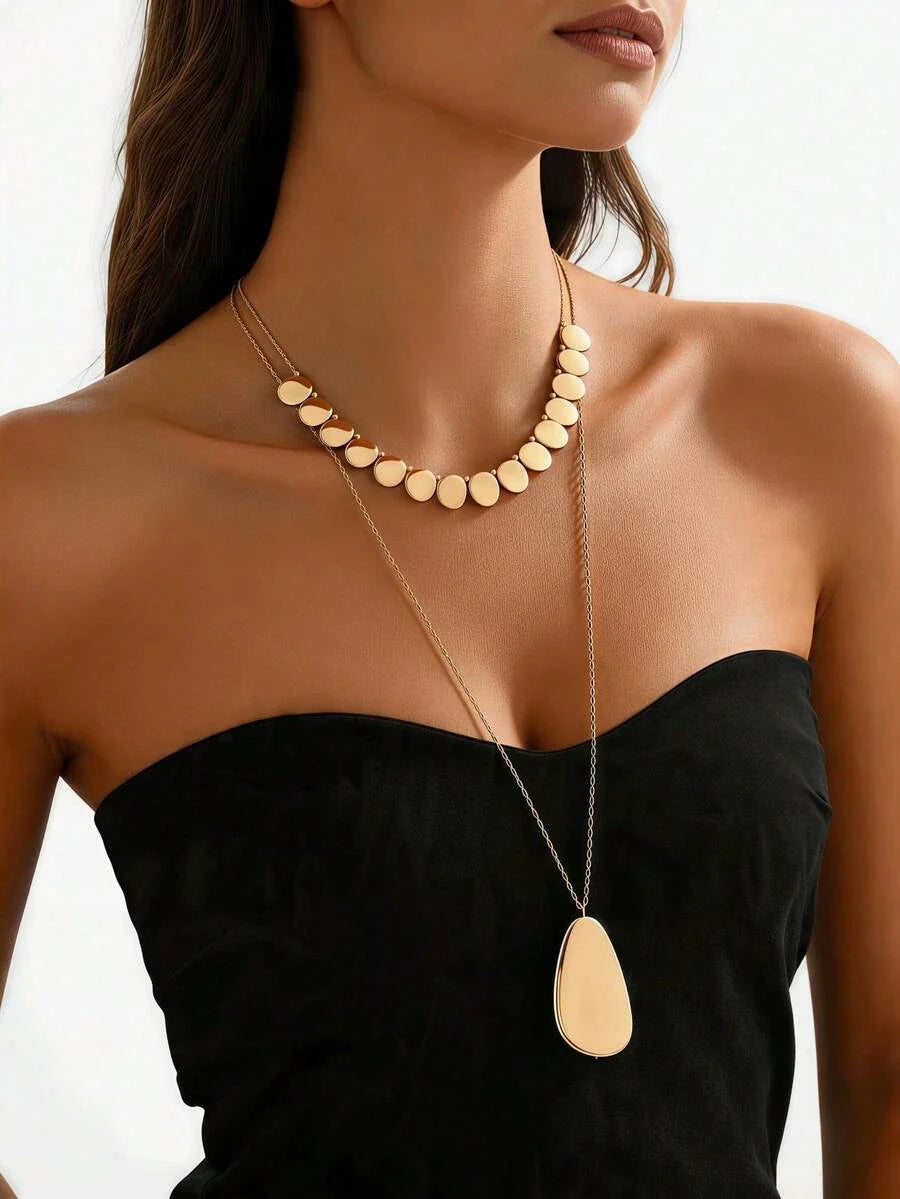 Glossy Gold Double Layer Necklace Set