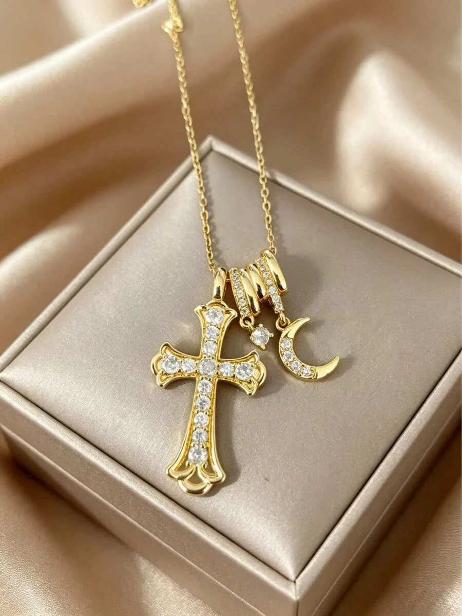 Gold Waterproof Stainless Steel Double Cross Necklace