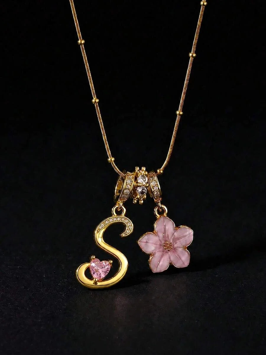 Pink Floral Heart Initial Necklace