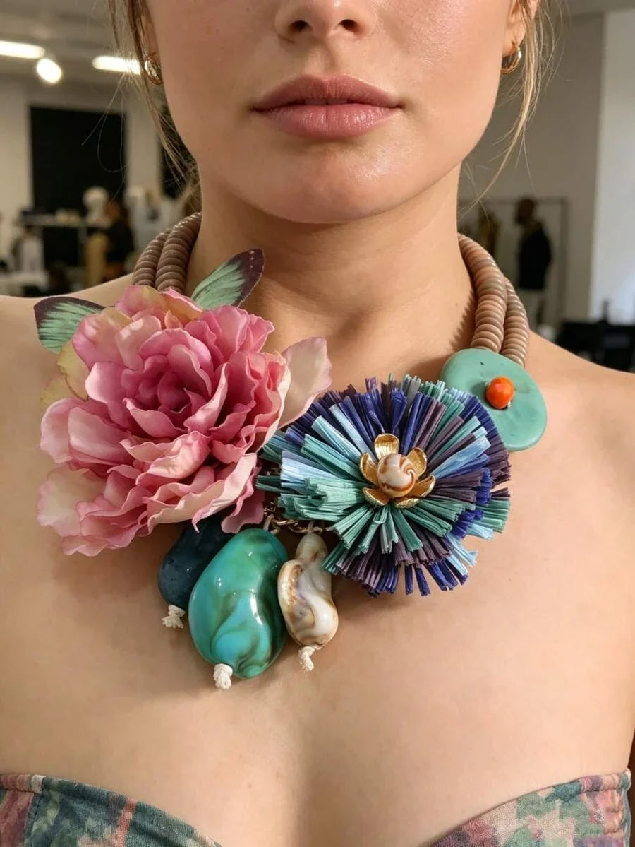 Bohemian Raffia Flower Necklace