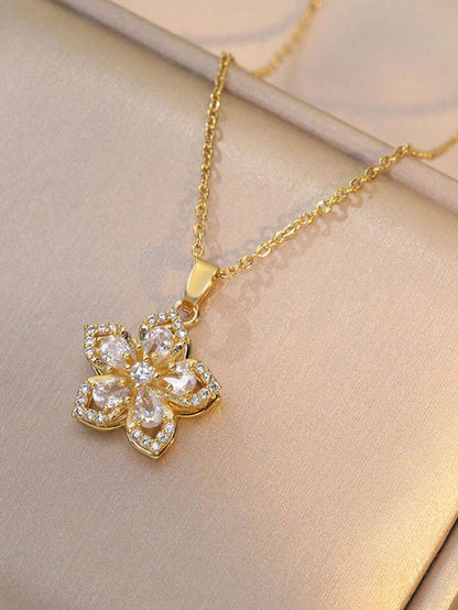 1piece Teen Five-Petaled Flower 360 Rotating Pendant Necklace, Elegant And Luxurious, Niche Design