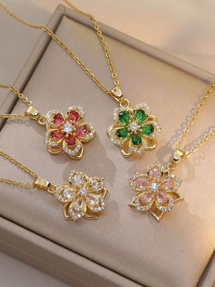 1piece Teen Five-Petaled Flower 360 Rotating Pendant Necklace, Elegant And Luxurious, Niche Design