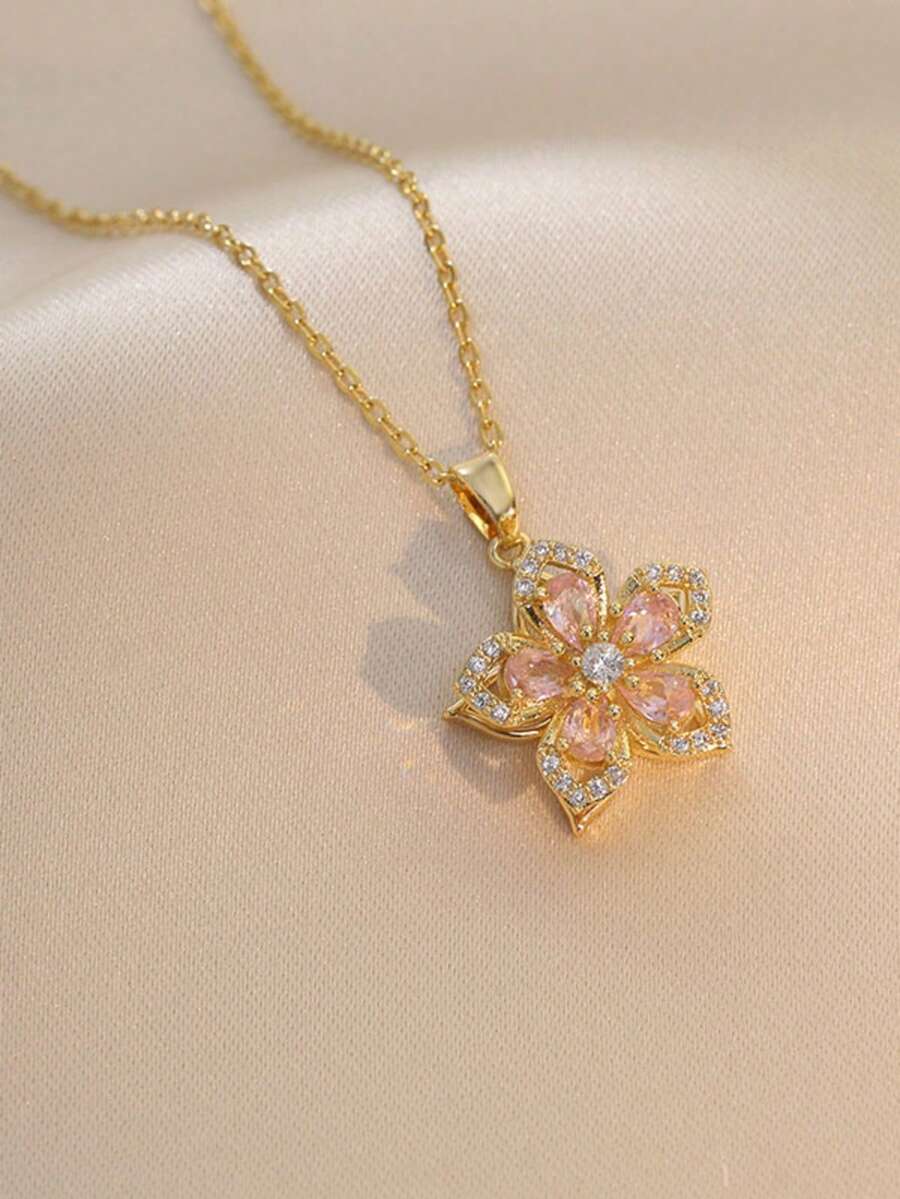1piece Teen Five-Petaled Flower 360 Rotating Pendant Necklace, Elegant And Luxurious, Niche Design