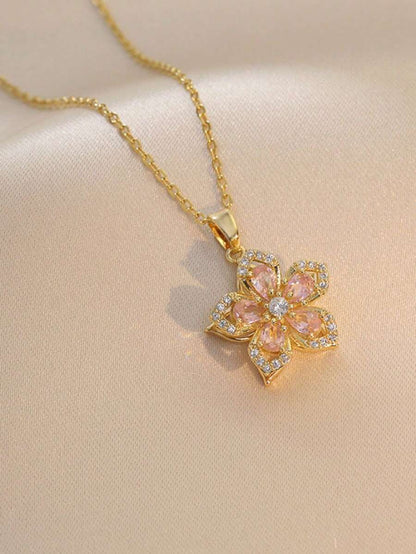 1piece Teen Five-Petaled Flower 360 Rotating Pendant Necklace, Elegant And Luxurious, Niche Design