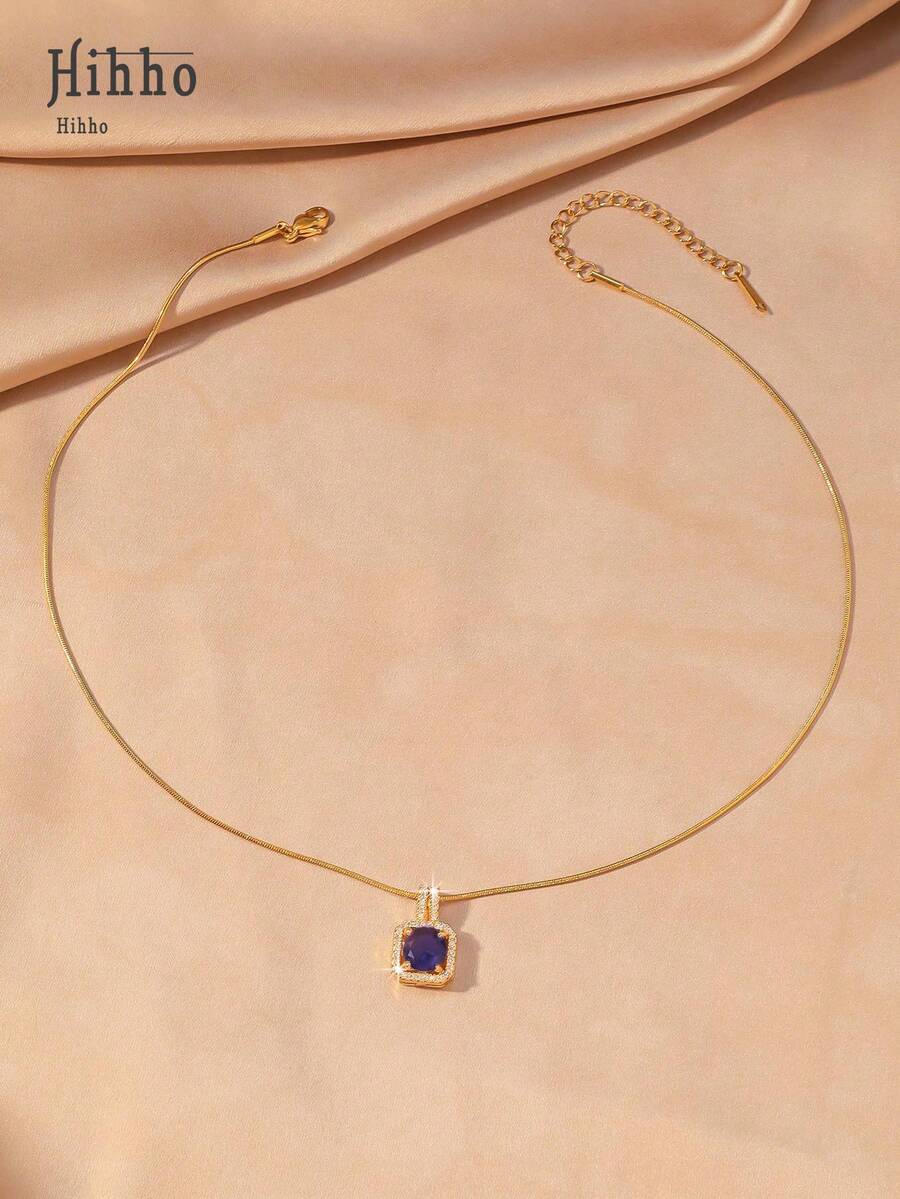 1pc Pink Gemstone Necklace, Gold Snake Bone Chain Luxurious Design, Suitable For Everyday Wear, Dates, Outfit Accessory