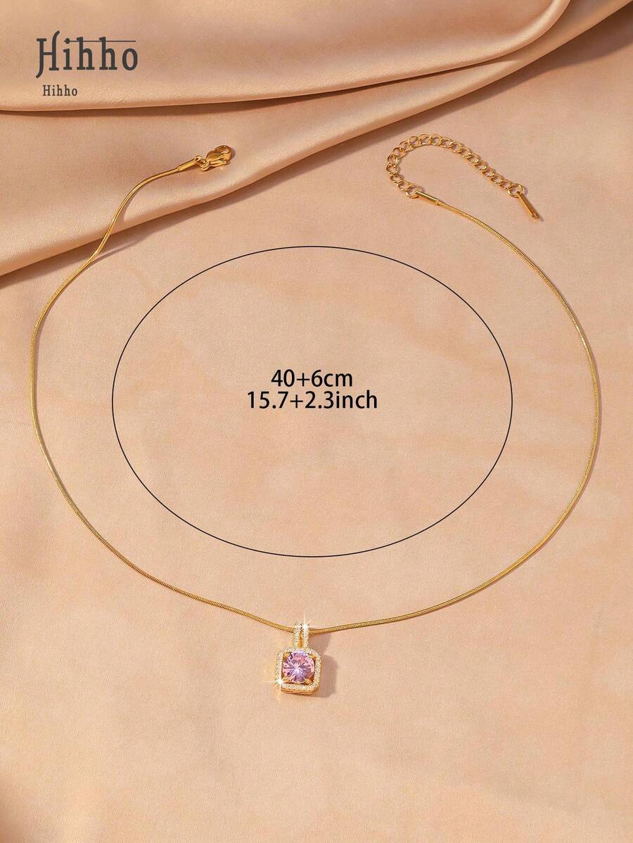 1pc Pink Gemstone Necklace, Gold Snake Bone Chain Luxurious Design, Suitable For Everyday Wear, Dates, Outfit Accessory