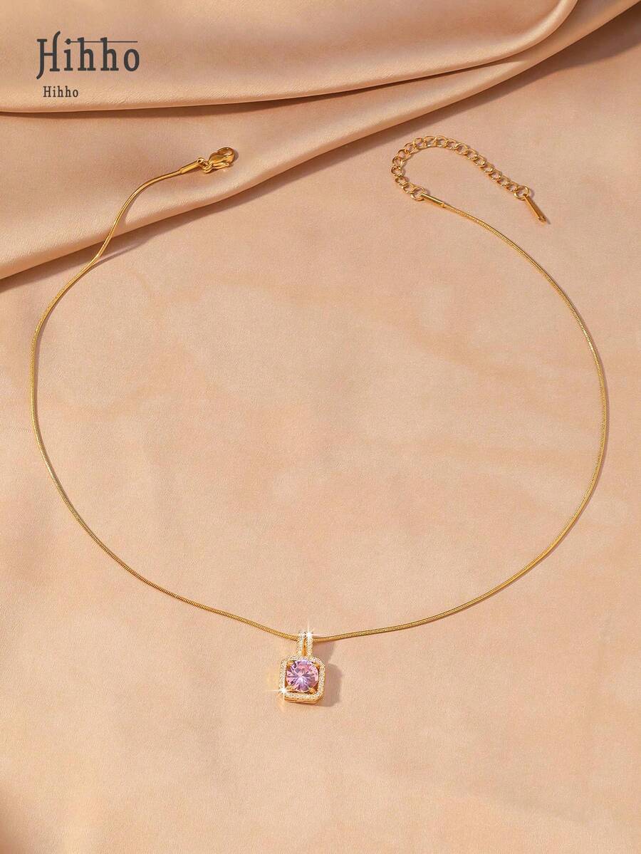 1pc Pink Gemstone Necklace, Gold Snake Bone Chain Luxurious Design, Suitable For Everyday Wear, Dates, Outfit Accessory