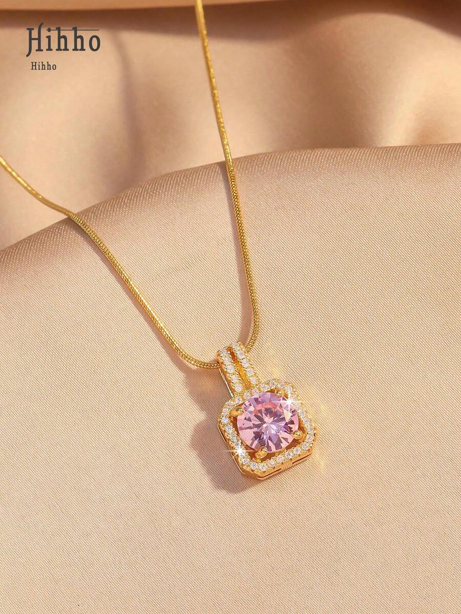 1pc Pink Gemstone Necklace, Gold Snake Bone Chain Luxurious Design, Suitable For Everyday Wear, Dates, Outfit Accessory
