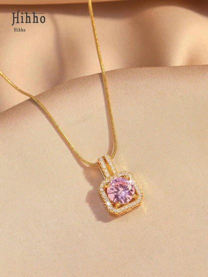 1pc Pink Gemstone Necklace, Gold Snake Bone Chain Luxurious Design, Suitable For Everyday Wear, Dates, Outfit Accessory