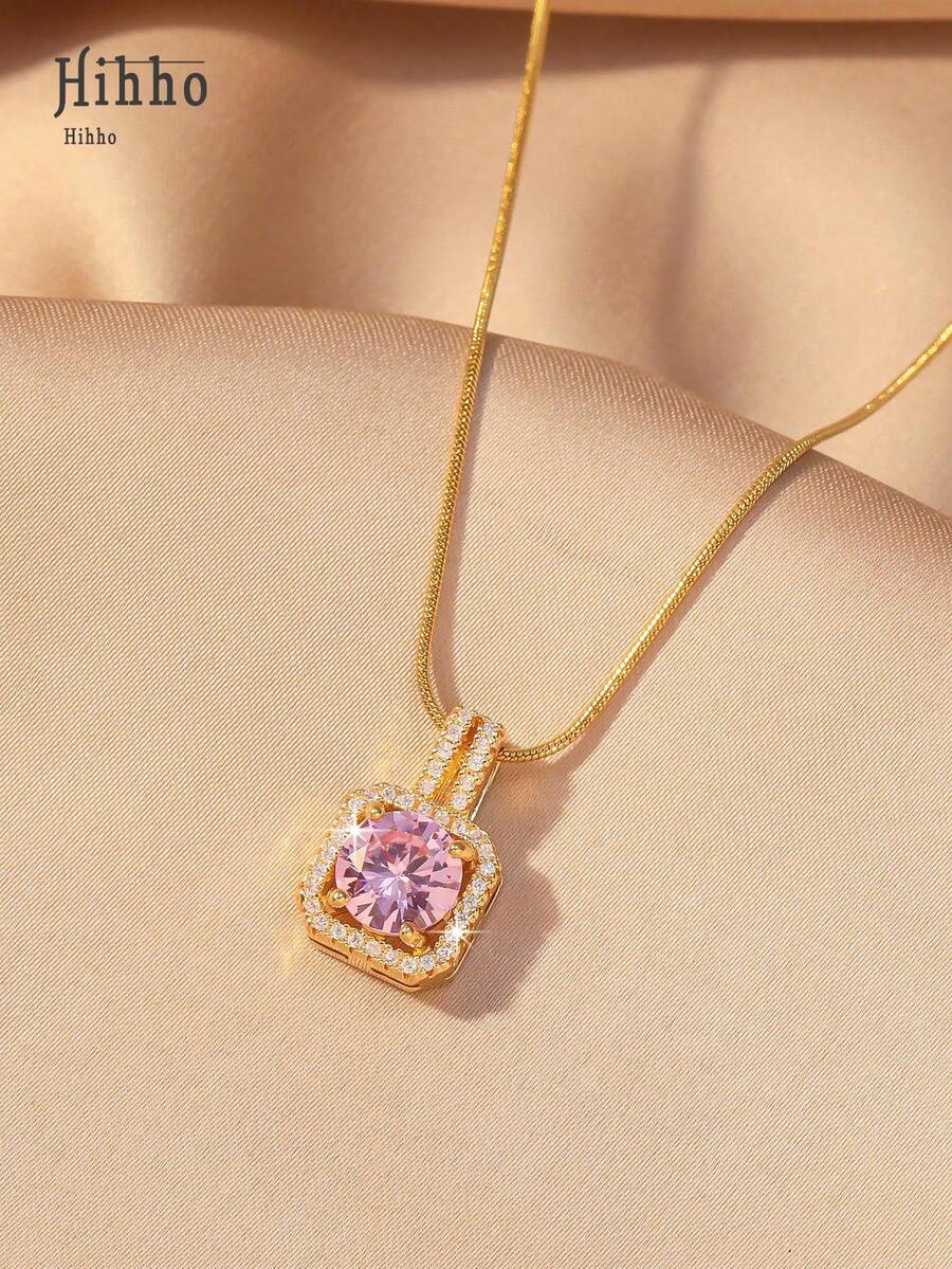 1pc Pink Gemstone Necklace, Gold Snake Bone Chain Luxurious Design, Suitable For Everyday Wear, Dates, Outfit Accessory