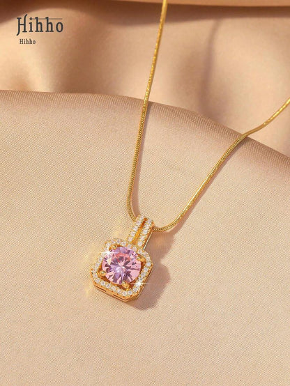 1pc Pink Gemstone Necklace, Gold Snake Bone Chain Luxurious Design, Suitable For Everyday Wear, Dates, Outfit Accessory