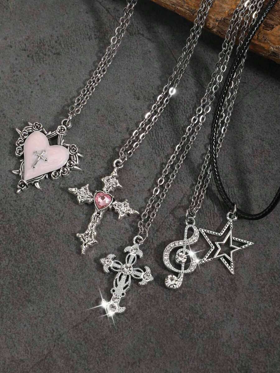 5pcs/Set Vintage Gothic Cross Poker Pendant Necklace Set