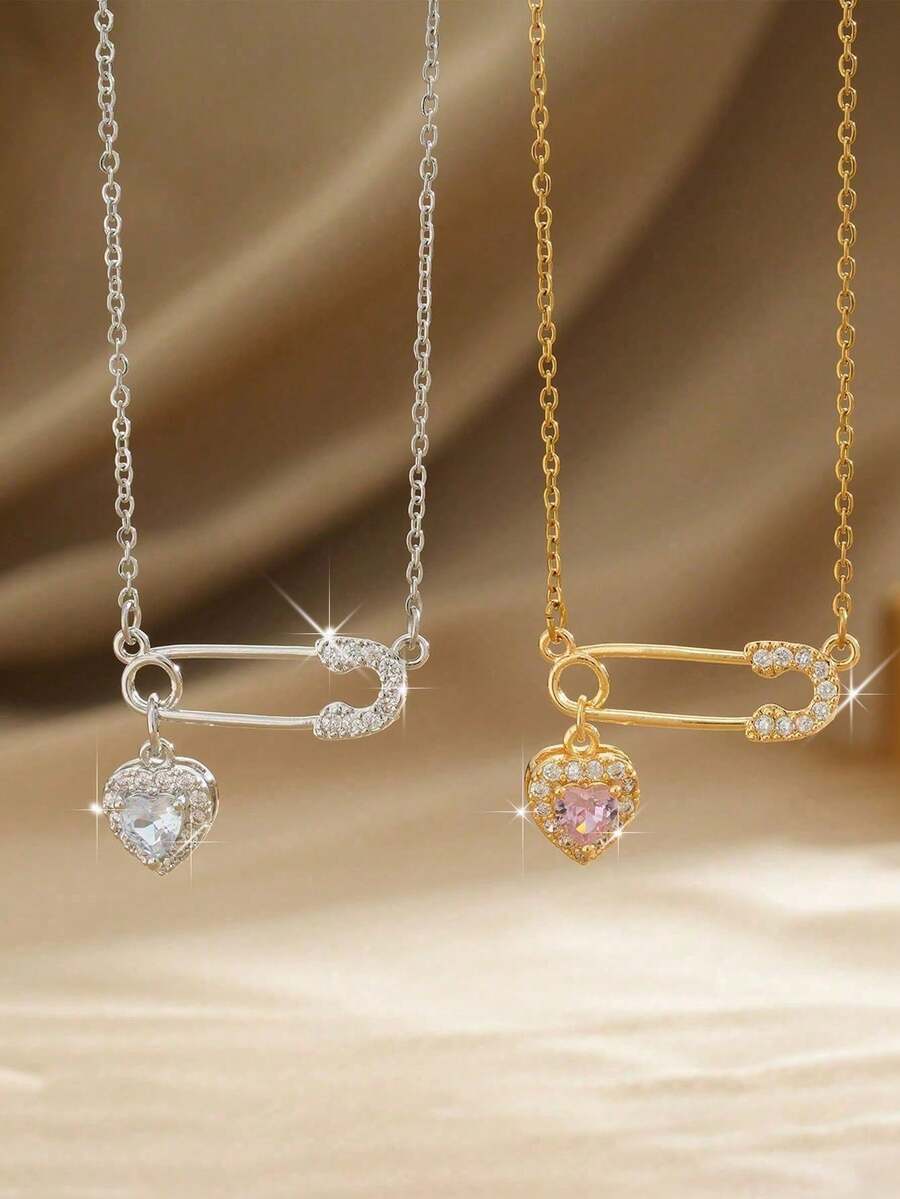 1pc Fashion Safety Pin Heart Pendant Necklace For Women