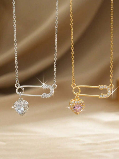1pc Fashion Safety Pin Heart Pendant Necklace For Women