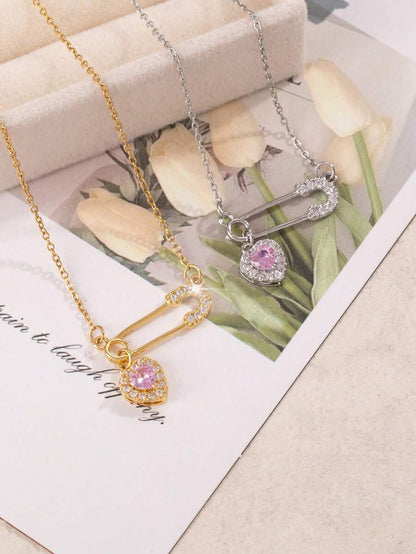 1pc Fashion Safety Pin Heart Pendant Necklace For Women