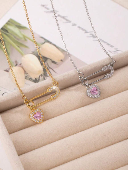1pc Fashion Safety Pin Heart Pendant Necklace For Women