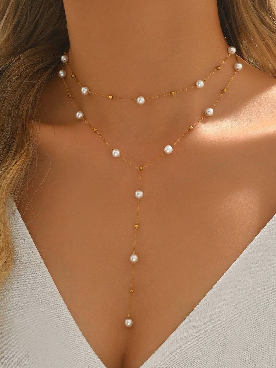 2pcs Cute Round Pearl Necklace Set, 18K Gold Plated Stainless Steel Y-Necklace And Choker