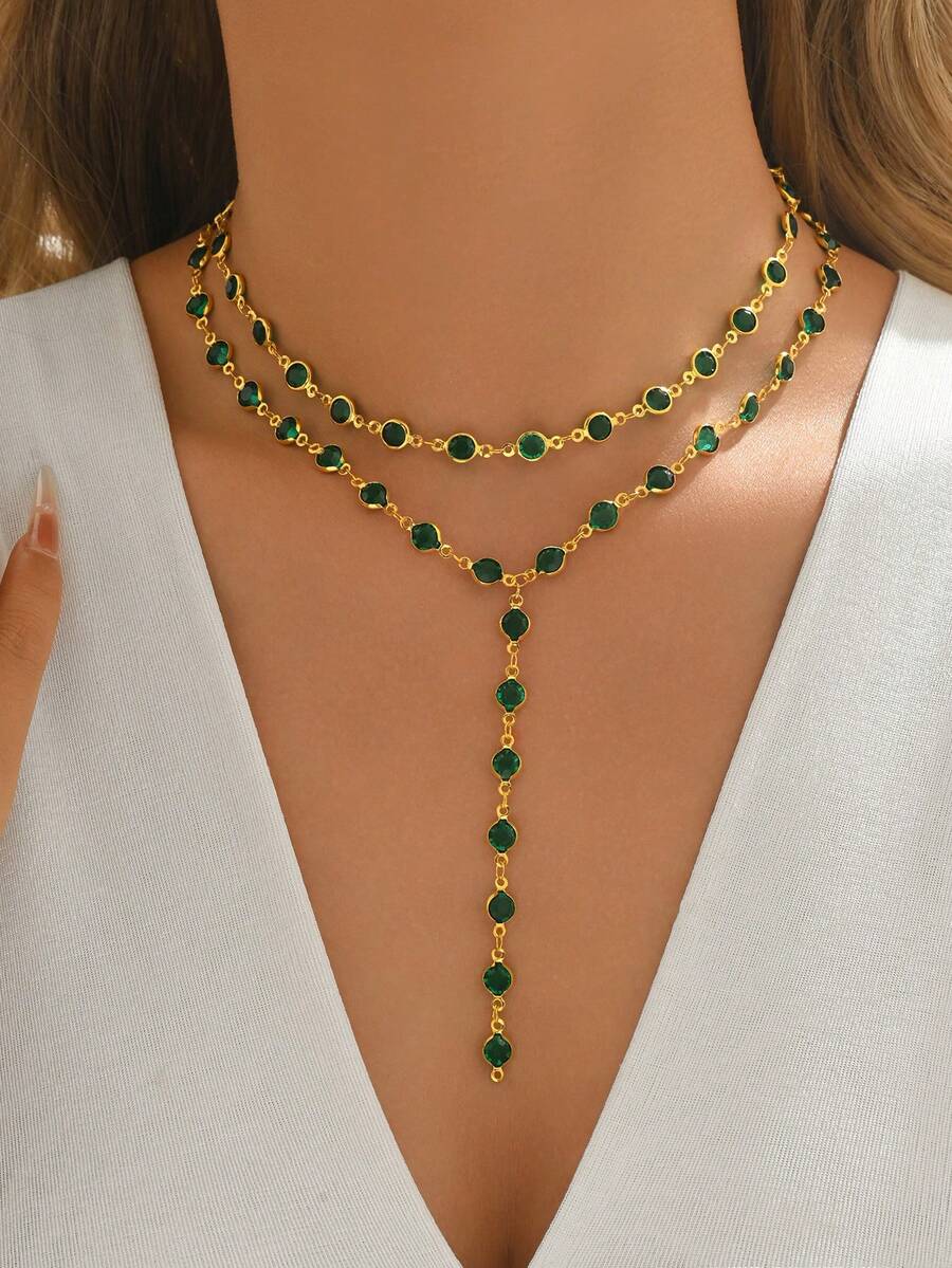 2pcs Elegant Green Round Crystal Necklace Set, Green Crystal Y-Necklace And Choker, Minimalist Delicate Design, Suitable For Dates Or Valentine's Day Gift