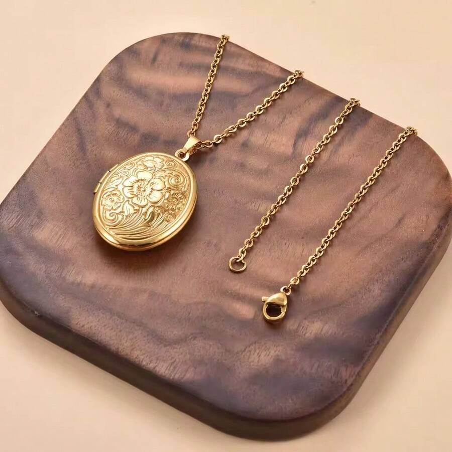 1pc Lightweight Oval Locket Pendant, Unisex, Openable Photo Frame, Shiny Stainless Steel Necklace, Family