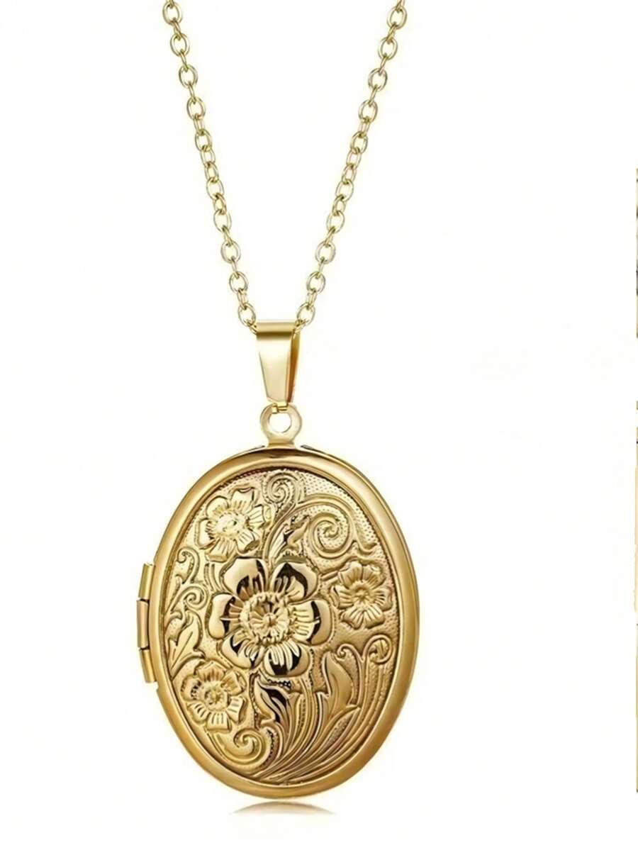 1pc Lightweight Oval Locket Pendant Unisex Openable Photo Frame Polished Stainless Steel Necklace Family Love Collar