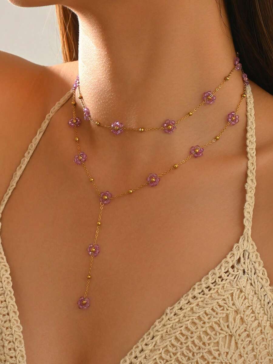 2pcs Cute Purple Flower Pendant Necklace, Stainless Steel Women's Collarbone Chain And Y-Shaped Necklace, Crystal Floral Design Necklace, Suitable For Women's Daily Wear Party Wear Or Summer Beach Wear, Perfect Gift