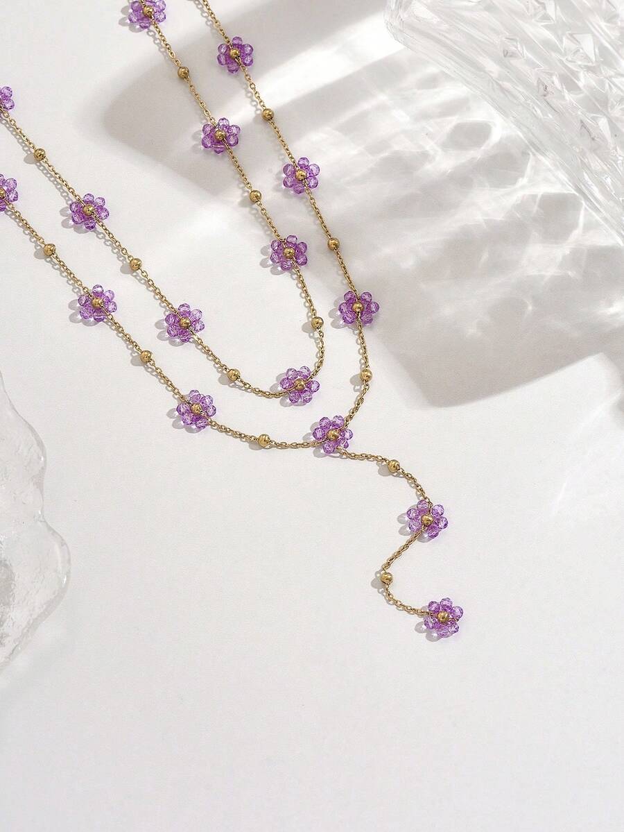 2pcs Cute Purple Flower Pendant Necklace, Stainless Steel Women's Collarbone Chain And Y-Shaped Necklace, Crystal Floral Design Necklace, Suitable For Women's Daily Wear Party Wear Or Summer Beach Wear, Perfect Gift