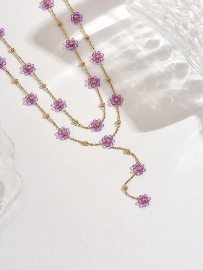 2pcs Cute Purple Flower Pendant Necklace, Stainless Steel Women's Collarbone Chain And Y-Shaped Necklace, Crystal Floral Design Necklace, Suitable For Women's Daily Wear Party Wear Or Summer Beach Wear, Perfect Gift