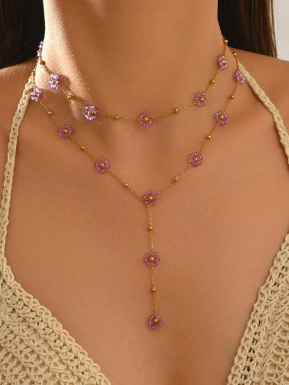 2pcs Cute Purple Flower Pendant Necklace, Stainless Steel Women's Collarbone Chain And Y-Shaped Necklace, Crystal Floral Design Necklace, Suitable For Women's Daily Wear Party Wear Or Summer Beach Wear, Perfect Gift