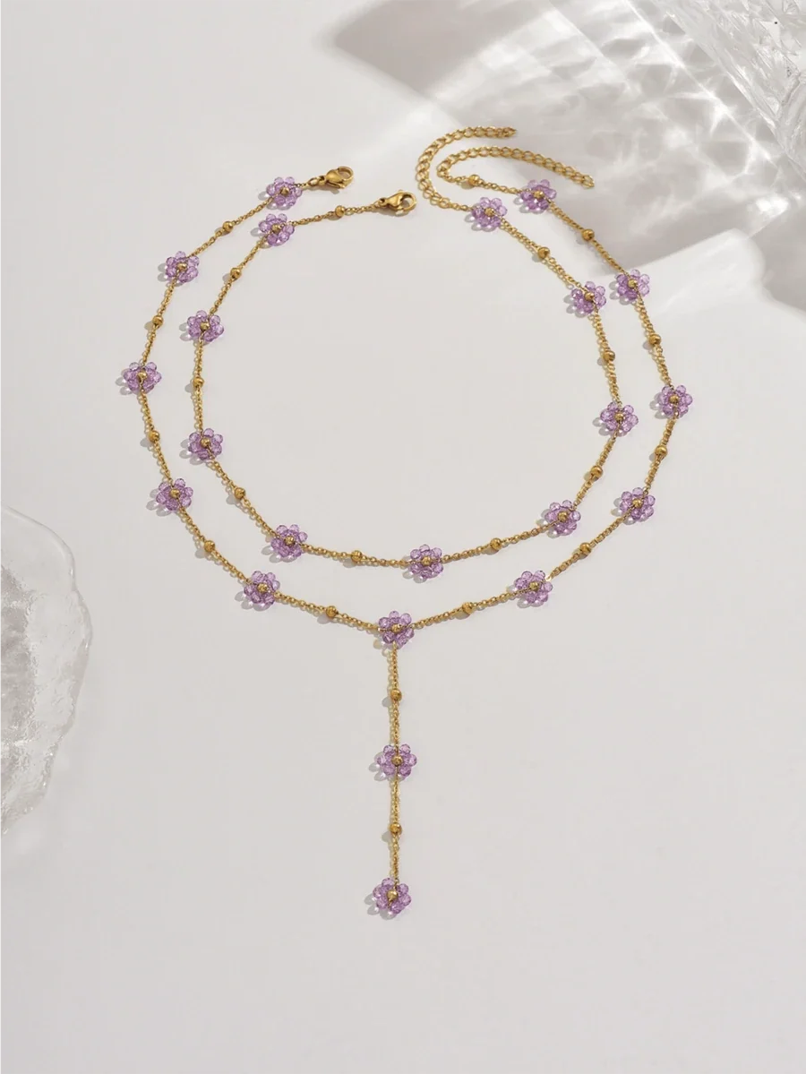 2pcs Cute Purple Flower Pendant Necklace, Stainless Steel Women's Collarbone Chain And Y-Shaped Necklace, Crystal Floral Design Necklace, Suitable For Women's Daily Wear Party Wear Or Summer Beach Wear, Perfect Gift
