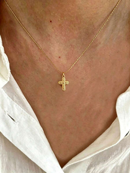 1pc Stainless Steel Waterproof Non-Fading Vintage Gold Floral Cross Pendant Necklace, Suitable For Women's Daily Wear