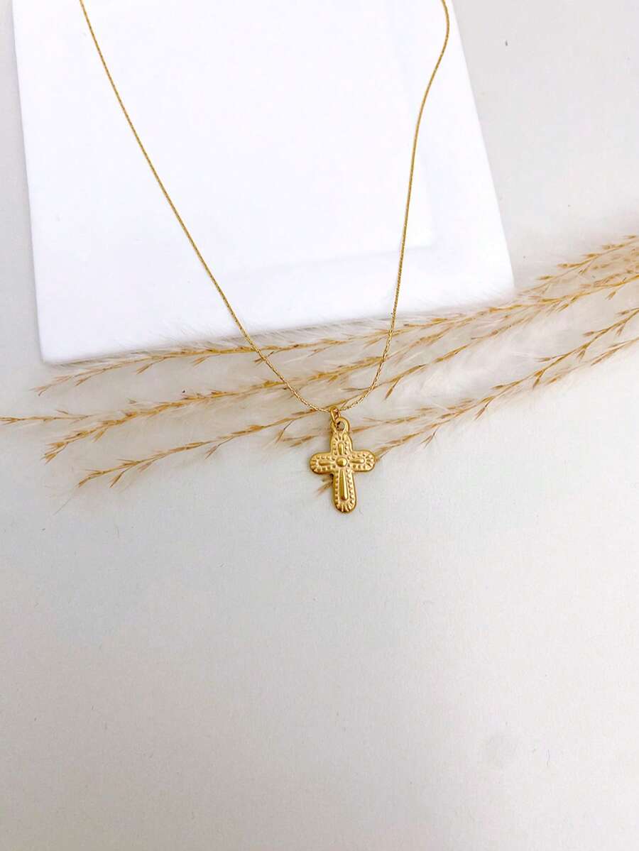 1pc Stainless Steel Waterproof Non-Fading Vintage Gold Floral Cross Pendant Necklace, Suitable For Women's Daily Wear