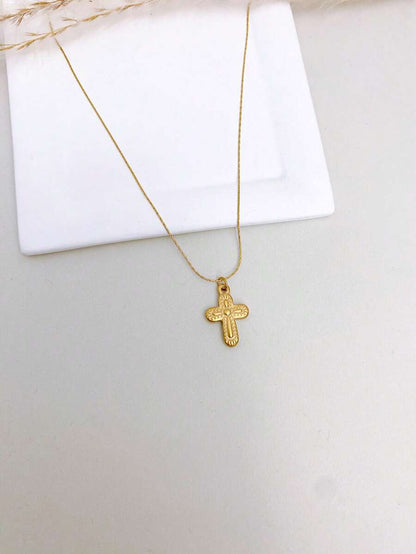 1pc Stainless Steel Waterproof Non-Fading Vintage Gold Floral Cross Pendant Necklace, Suitable For Women's Daily Wear
