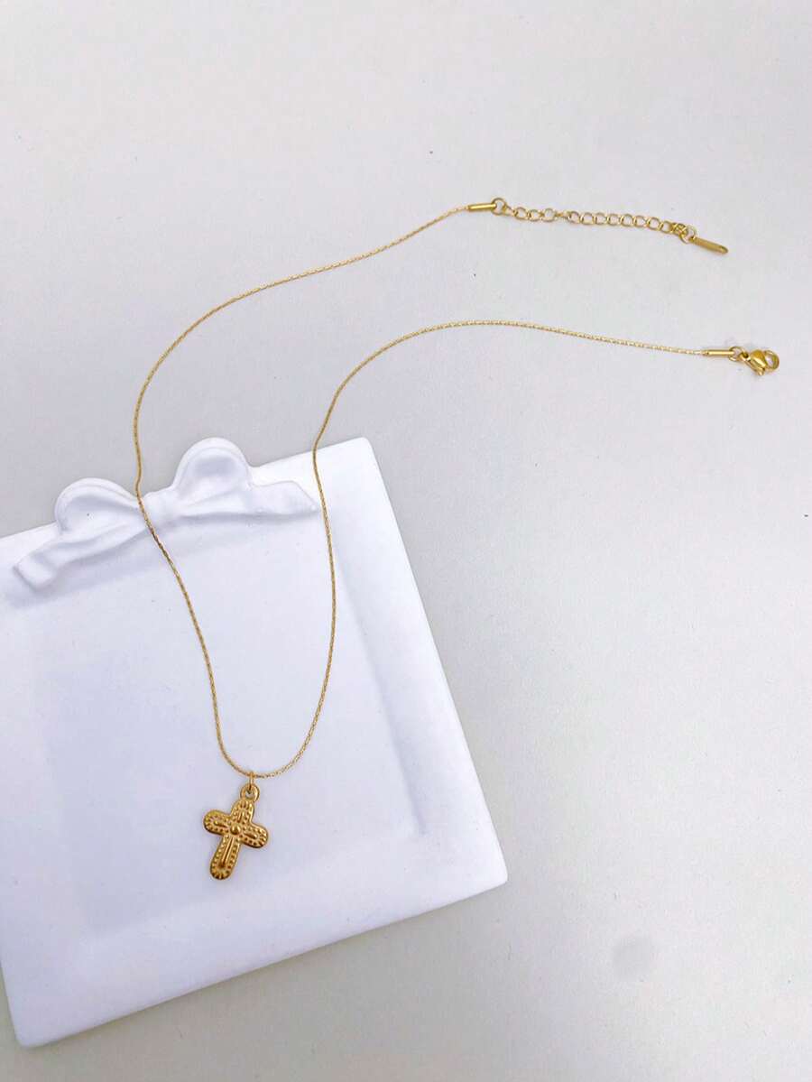 1pc Stainless Steel Waterproof Non-Fading Vintage Gold Floral Cross Pendant Necklace, Suitable For Women's Daily Wear
