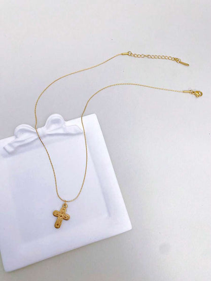 1pc Stainless Steel Waterproof Non-Fading Vintage Gold Floral Cross Pendant Necklace, Suitable For Women's Daily Wear