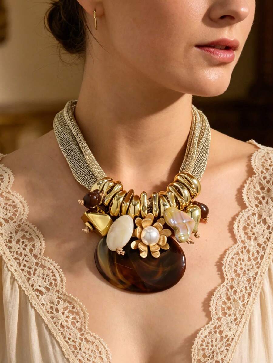 1pc Vintage Luxury Bohemian Style Mesh Ribbon Heart Flower Pendant Necklace