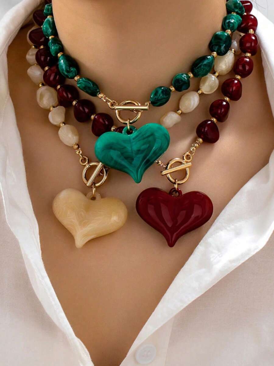 1/3 Pcs Vintage Chunky Beaded Heart Necklace For Women