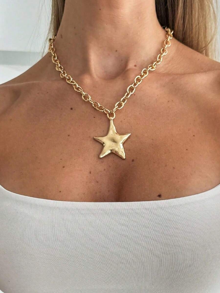 1pc Thick Gold-Plated Chain Necklace With Large Star Pendant, Retro Y2K Style Statement Choker Necklace, Minimalist