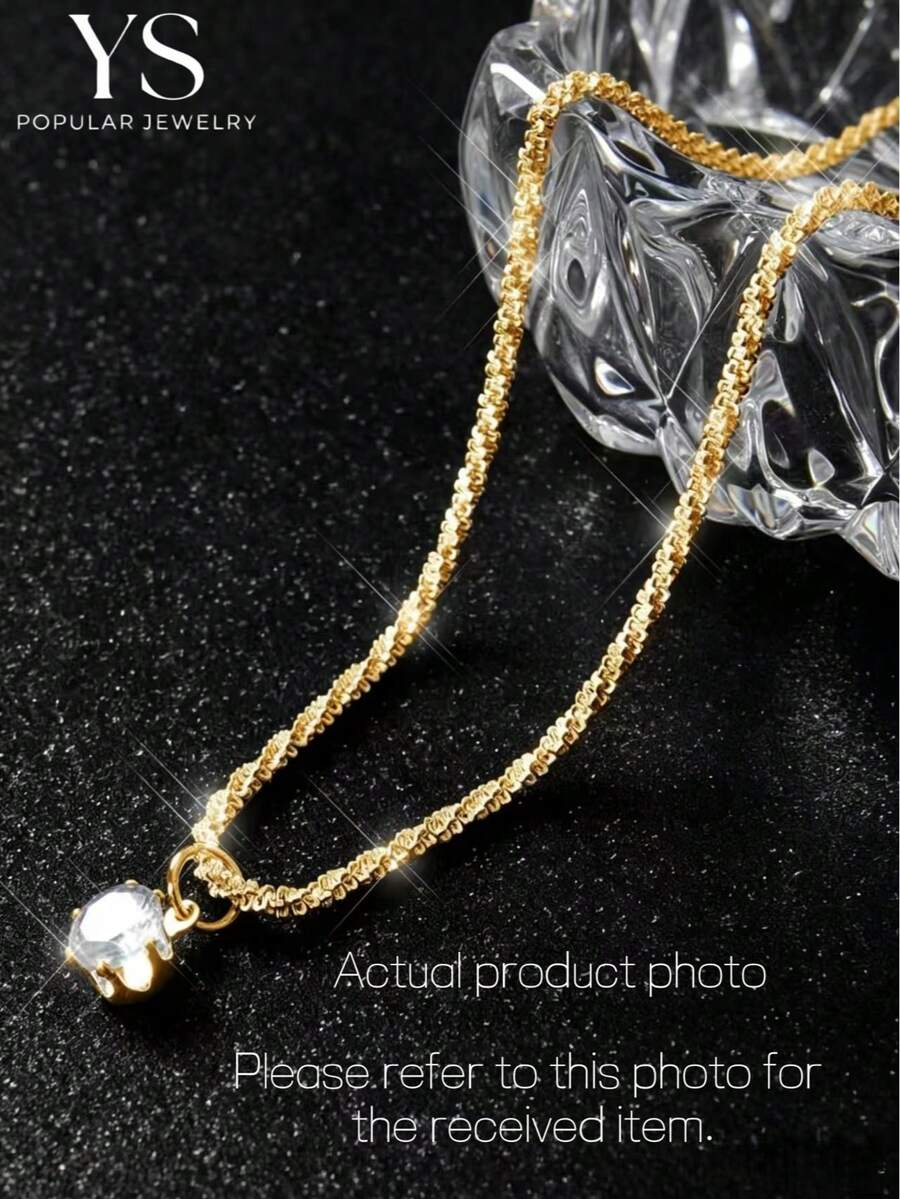 1pc Gold Single Diamond Pendant, Copper Clavicle Chain, Women's Short Necklace For Daily Casual Wear