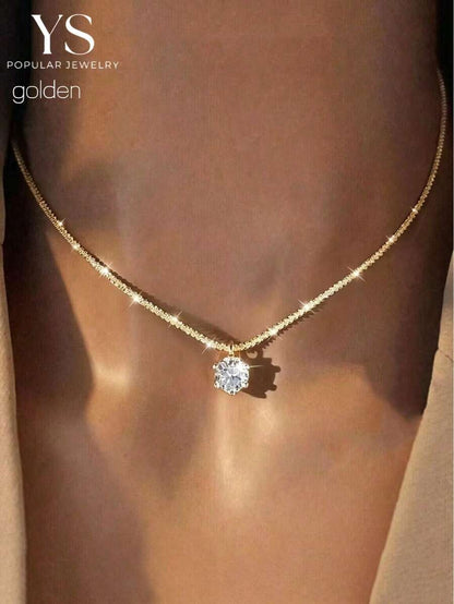 1pc Gold Single Diamond Pendant, Copper Clavicle Chain, Women's Short Necklace For Daily Casual Wear