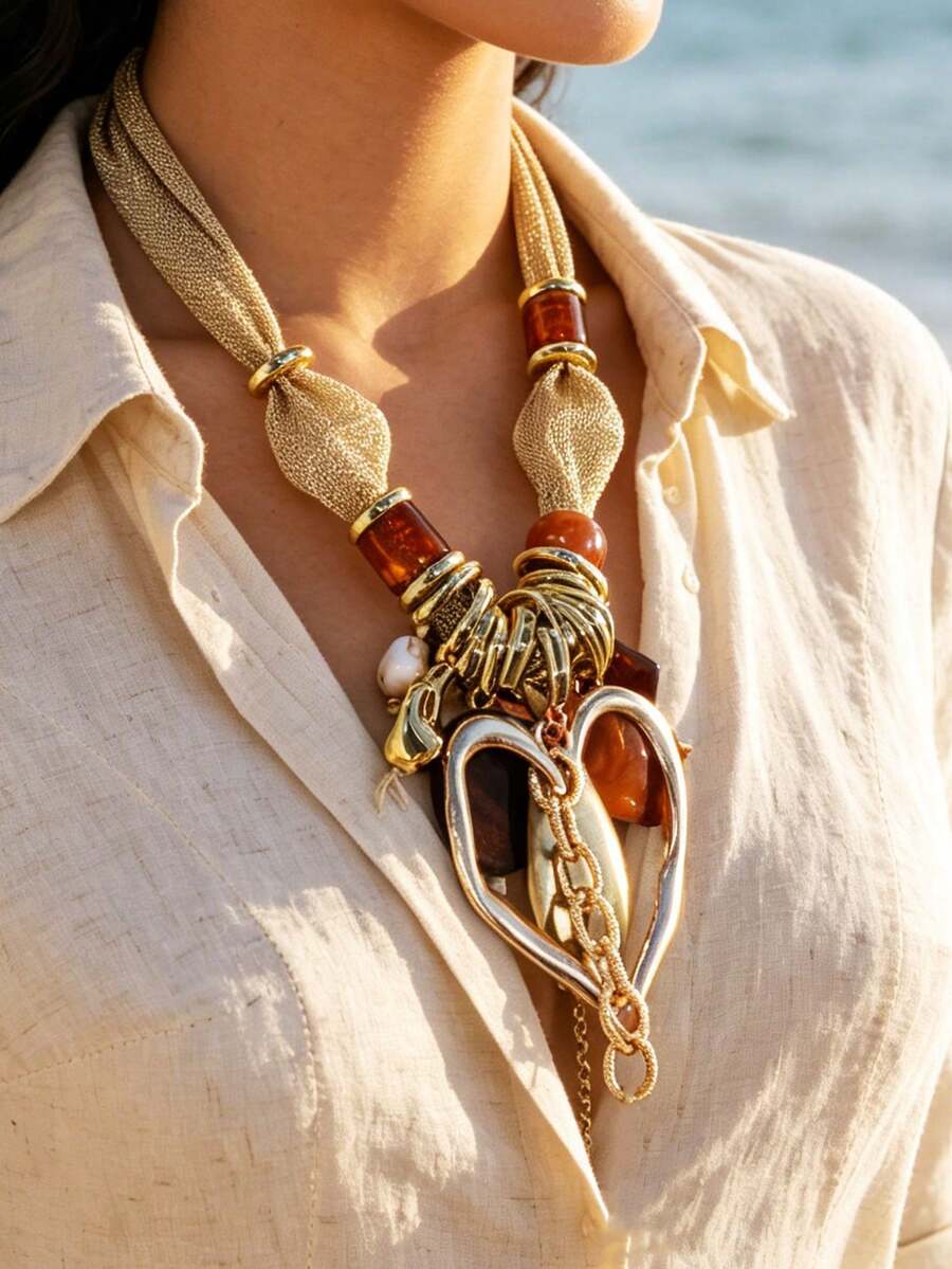 1pc Vintage Luxury Beach Vacation Style Woven Rope Amber Resin Hollow Heart Wrapped Metal Pendant Long Tassel Necklace