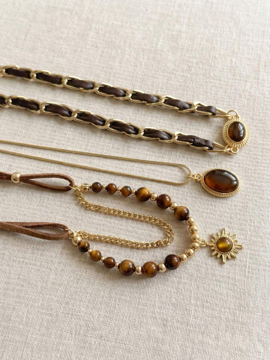 3pcs Maillard Vintage Multi-Layer Tiger Eye Stone Necklace Set, Leather Strap Sun Oval Pendant Beaded Choker Sweater Chain Women's Jewelry