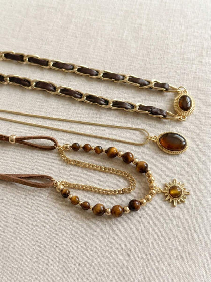 3pcs Maillard Vintage Multi-Layer Tiger Eye Stone Necklace Set, Leather Strap Sun Oval Pendant Beaded Choker Sweater Chain Women's Jewelry