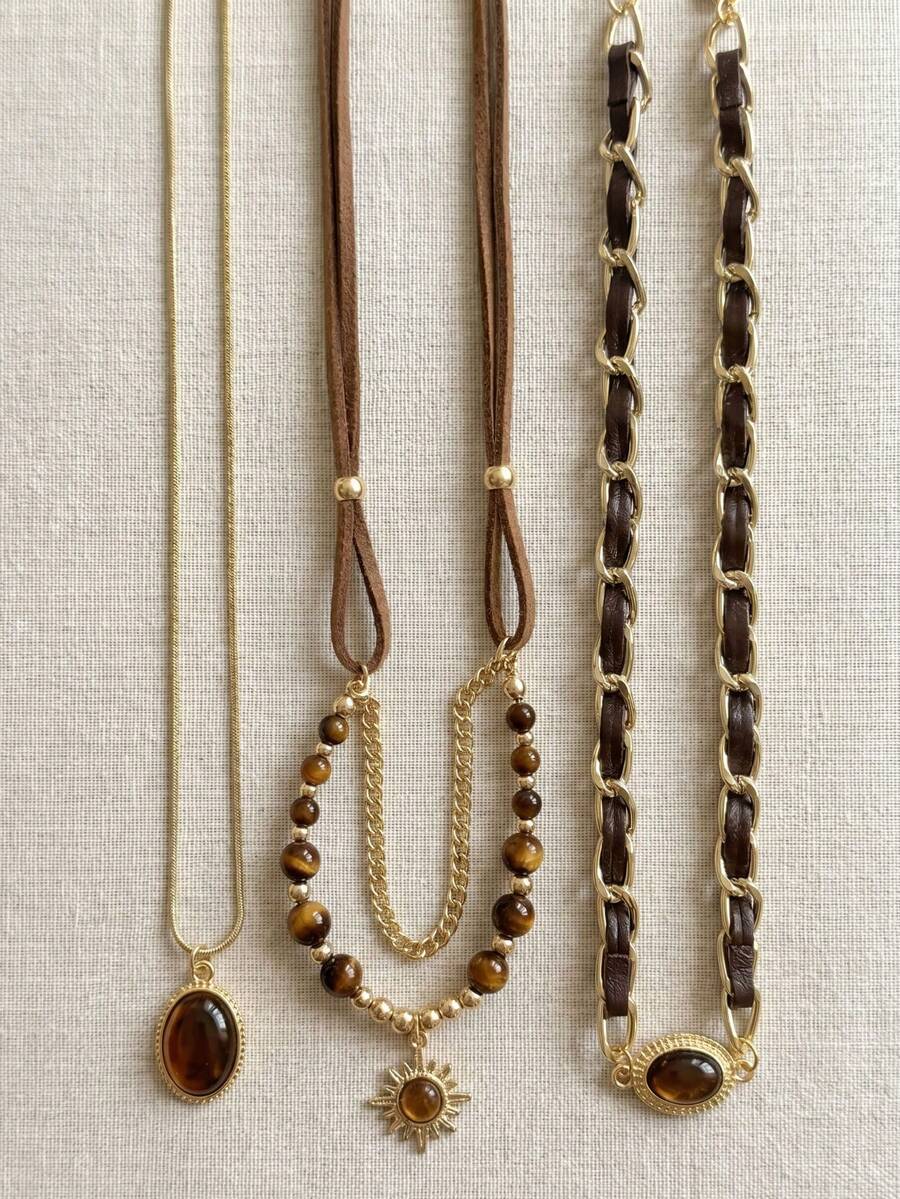 3pcs Maillard Vintage Multi-Layer Tiger Eye Stone Necklace Set, Leather Strap Sun Oval Pendant Beaded Choker Sweater Chain Women's Jewelry