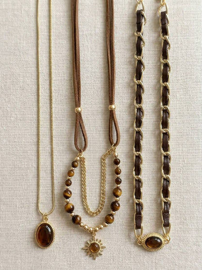 3pcs Maillard Vintage Multi-Layer Tiger Eye Stone Necklace Set, Leather Strap Sun Oval Pendant Beaded Choker Sweater Chain Women's Jewelry