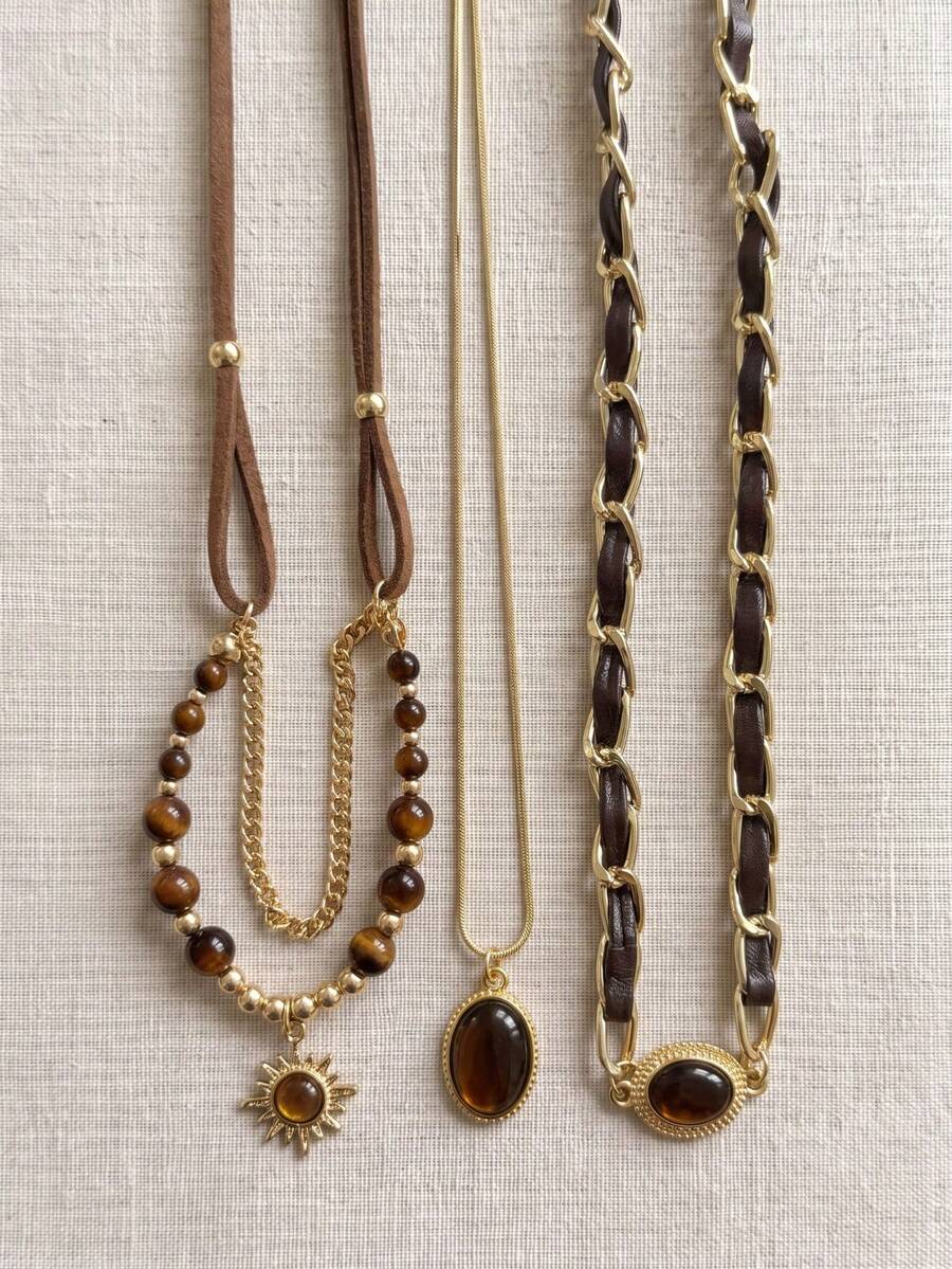 3pcs Maillard Vintage Multi-Layer Tiger Eye Stone Necklace Set, Leather Strap Sun Oval Pendant Beaded Choker Sweater Chain Women's Jewelry