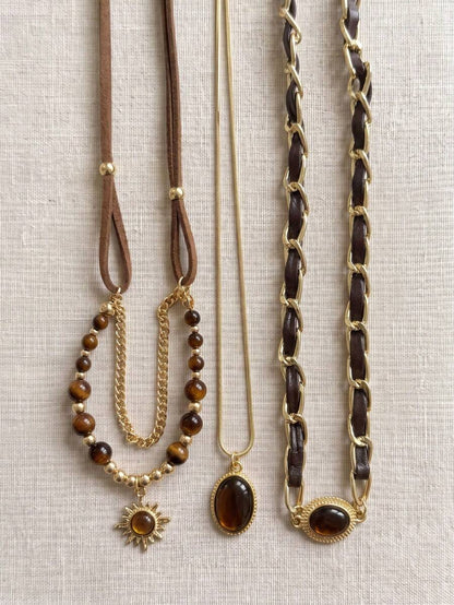 3pcs Maillard Vintage Multi-Layer Tiger Eye Stone Necklace Set, Leather Strap Sun Oval Pendant Beaded Choker Sweater Chain Women's Jewelry