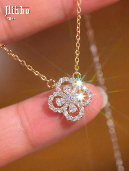 1pc Luxury Full Zirconia Four-Leaf Clover Collarbone Necklace, Exquisite Sparkling Design, Women's Commute Accessory Gift