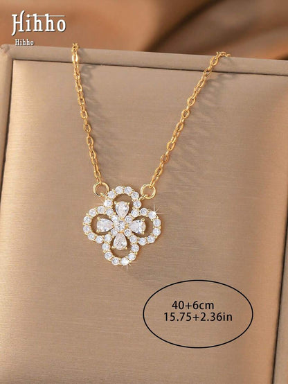 1pc Luxury Full Zirconia Four-Leaf Clover Collarbone Necklace, Exquisite Sparkling Design, Women's Commute Accessory Gift