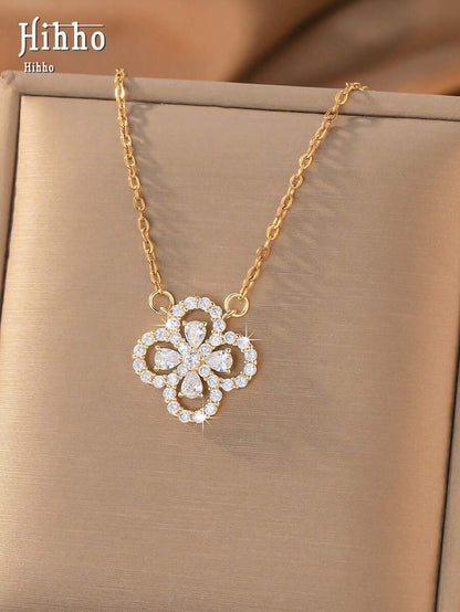 1pc Luxury Full Zirconia Four-Leaf Clover Collarbone Necklace, Exquisite Sparkling Design, Women's Commute Accessory Gift