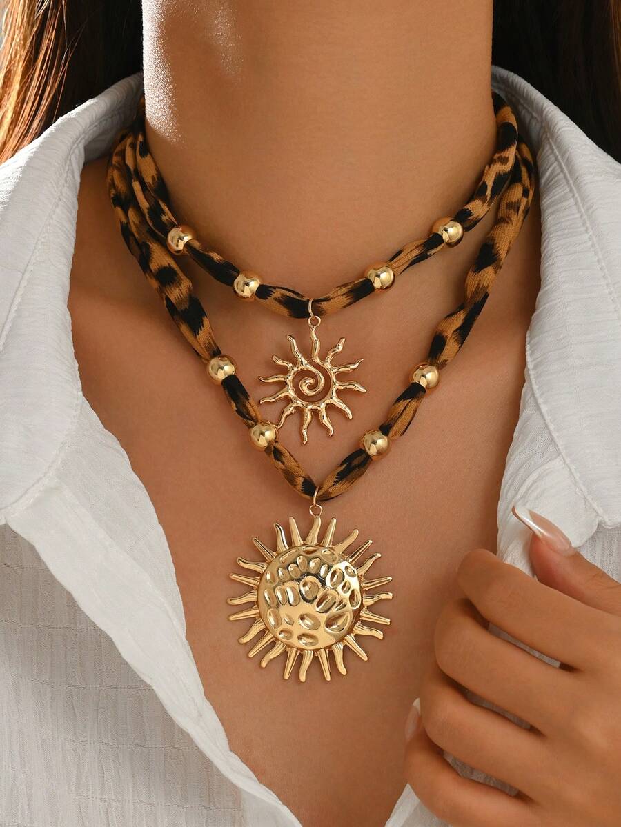 2pcs/Set Vintage Fashion Leopard Print Silk Scarf Necklace